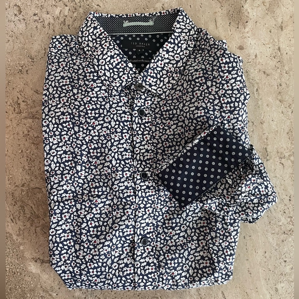 Ted Baker Navy Floral Print Dress Shirt with White and Red Details